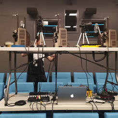 Michael Morris sets up for his expanded cinema performance