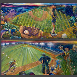 Boyhood Coat of Mail & Reborn Old Man companion paintings, 2015, each 18 x 38 x 1, oil on linen