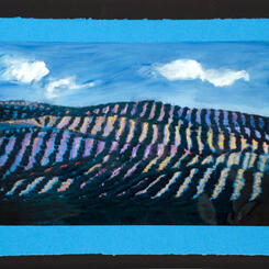 Indigo Hills Spain from the Train & Other Landscapes painted transparency 13x19 on colored paper mounted on black foamcore 20x 25jpg.jpg