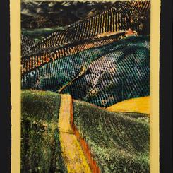 The Yellow Road. Spain from the Train Painted transparency on colored paper mounted on foamcore  20v25'jpg.jpg