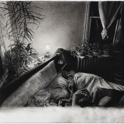charcoal drawing of a bedroom
