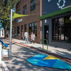 Design for Distancing Curbside Commons perspective view with ADA curb ramp