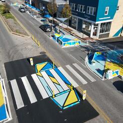 Design for Distancing Curbside Commons birdseye view of midblock crosswalk