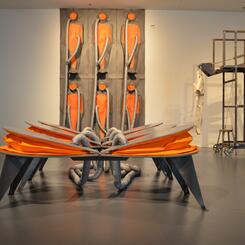 Stack 2016 , vinyl, felt, canvas, thread, steel, wood, hardware, 6 human subjects, 160x192x18” and 36x72x80”