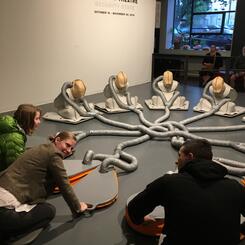 Pulmonate 2016, 42”x180x180 (approx.) vinyl, felt, canvas, thread, steel, wood, hardware, air & 5 human subjects