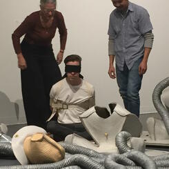 Pulmonate 2016, 42”x180x180 (approx.) vinyl, felt, canvas, thread, steel, wood, hardware, air & 5 human subjects