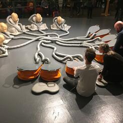 Pulmonate 2016, 42”x180x180 (approx.) vinyl, felt, canvas, thread, steel, wood, hardware, air & 5 human subjects