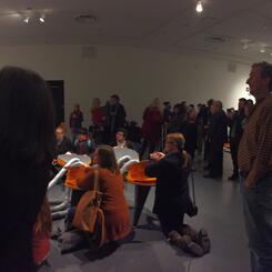 Stack 2016 , vinyl, felt, canvas, thread, steel, wood, hardware, 6 human subjects, 160x192x18” and 36x72x80”