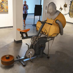 Entangle 2018 vinyl, felt, steel, aluminium, blower housing, bicycle components, hardware, air, human participants 56x54x32”