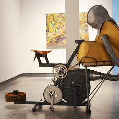 Entangle 2018 vinyl, felt, steel, aluminium, blower housing, bicycle components, hardware, air, human participants 56x54x32”