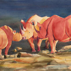 Rhino Love, watercolor painting of three rhinoceroses by Elizabeth Burin