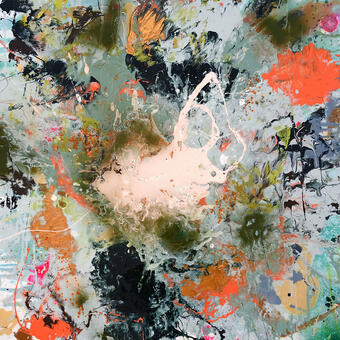 Abstracted Splatter Blues and Oranges Painting