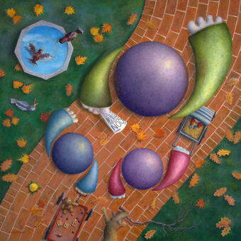 A Walk in the Park, surreal image of an overhead view of three different size spheres with shapes representing arms. Walking of a brick pathway in a park these three represent a family (one adult, two children) 