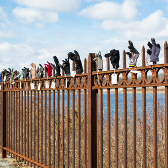 Dozens of found orphaned gloves and mittens displayed on a wrought iron fence in the Library of Lost Gloves & Lost Loves participatory public art installation by artist Bruce Willen