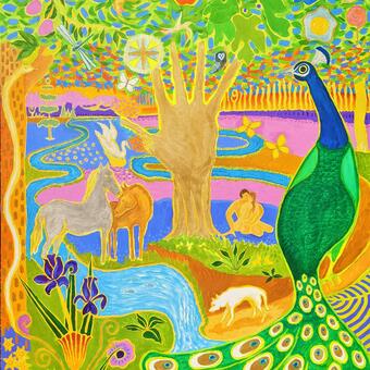 PARADISE depicts the Garden of Eden before the Fall of Man. Acrylic on canvas 48" x 36" 2023