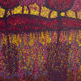 An abstract realism scene of red trees reflecting on water, painted primarily id red and gold in a pointillist technique