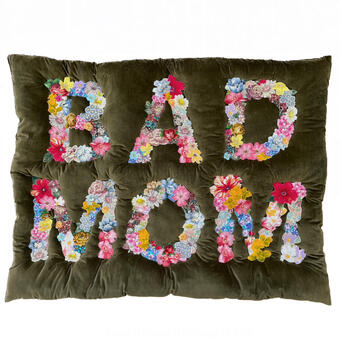 4ft.x3ft stuffed pillow, flower cut and collaged from secondhand fabric