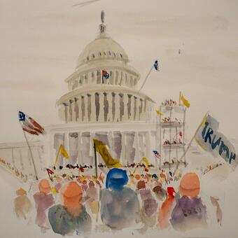 Watercolor showing the US Capital and the angry crowd ascending upon it.