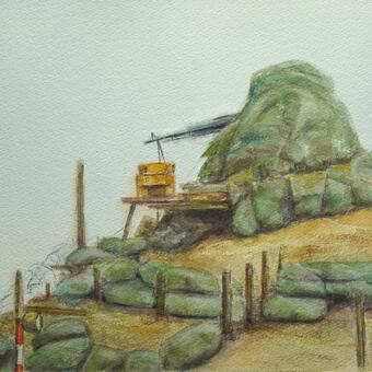 Painting of a machine gun guard post on a firebase