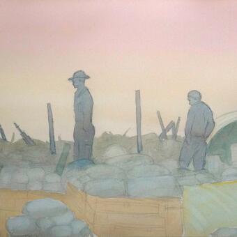 Painting of early morning on a firebase as three soldiers assess the day.