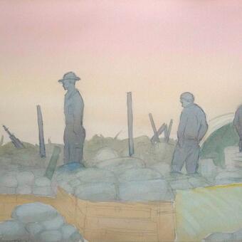 Painting of early morning on a firebase as three soldiers assess the day.