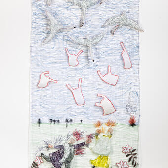 Cast, cut and painted glass shapes mounted above panel of sewn thread and appliqué