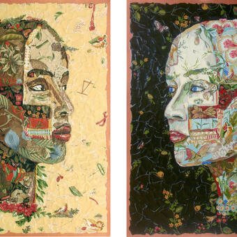 two separate female portraits facing one another