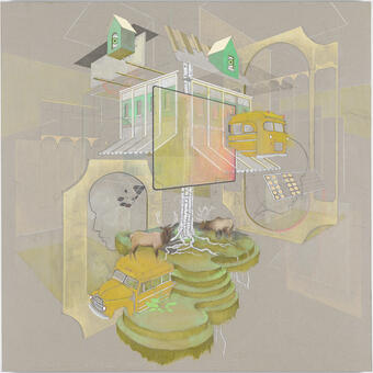 architecture, animals & plant drawing on paper