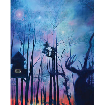 Painting of a treehouse in the woods.