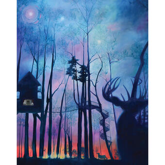 Painting of a treehouse in the woods.