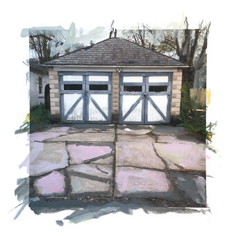 photograph of wooden garage, expressive drawing and painting marks on top of image