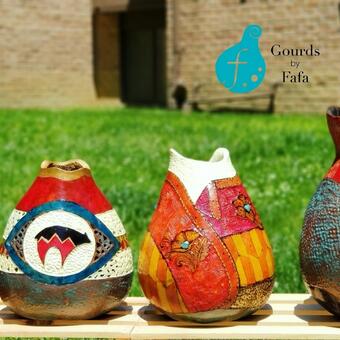 The image features four vases from the Patina Strong" Collection. These are vases made by incorporating carving, painting and the use of patina to create a (beautiful) weathered effect on different parts of the gourd.