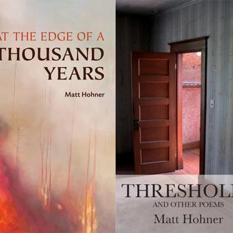 Split image showing the covers of AT THE EDGE OF A THOUSAND YEARS and THRESHOLDS AND OTHER POEMS