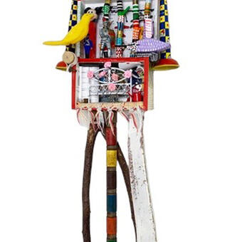 Narrative Found Object Assemblage Sculpture, wall-relief, 40 x 11 x 6, featuring vintage fan, noise makers, croquet post, furniture detail, Micky Mouse Pez dispenser, bird on spring, cast metal girl figure, dog figurine, painted branches, etc.
