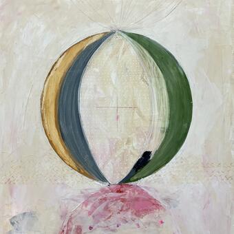 a 24 x 18" abstract painting, with balanceing spheres, medium is acrylic, pen, pastel and pencil on panel