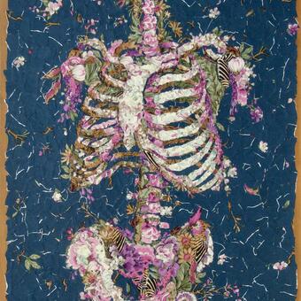 rib cage artwork made of  navy and purple floral pattern