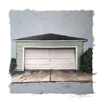 photograph of wooden garage, expressive drawing and painting marks on top of image