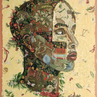 two separate female portraits facing one another