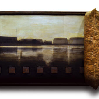 Oil, Mixed Media, Pinhole photograph on panel with fabricated metal structure