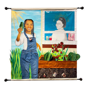 Image of self-constructed canvas scroll, "My Grandma's Garden" by Hope and Faith McCorkle. Artwork features a middle-aged fair skinned Black woman with locs standing in grass, wearing a white shirt and jean overalls while holding a collard green leaf towards the viewer. Next to her is a garden bed with collard greens, tomatoes, and okra sprouting out of it. Underneath the bed are brown roots and 3 images of children. Above the garden bed is a window with a woman penciled in black and white staring out. 