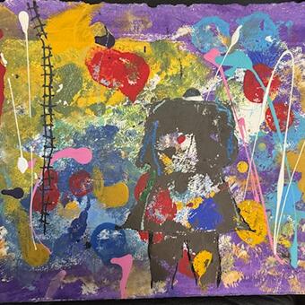 Paper, acrylic, paint, collage, squid ink.