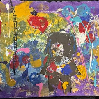 Paper, acrylic, paint, collage, squid ink.