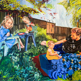 Oil painting depicting the scene of a picnic in the grass with four figures