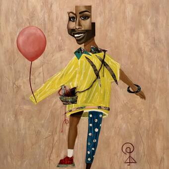 Sasha-Loriene McClain, Ready yet, get set, 2023, Acrylic, Oil Pastel, String, and Found Object on Canvas, 30x24x1.5 in