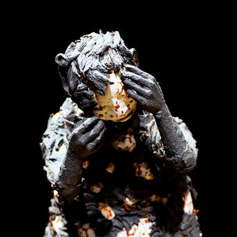 Hiding, 2022, stoneware and porcelain, internal LED components, gas-firing, (22, 14, 16 inches)