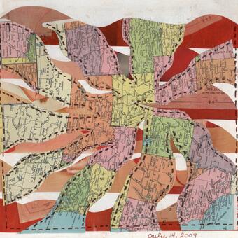 Collaged map images in a wavy starburst pattern