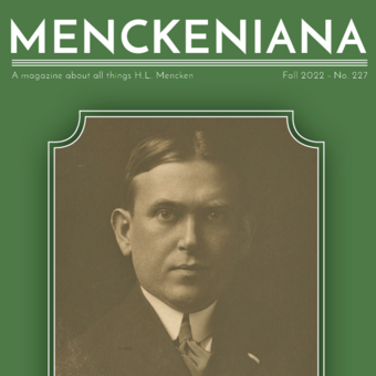 A green magazine cover with a sepia-toned portrait of a young H.L. Mencken. The magazine title, Menckeniana, runs across the top of the page.