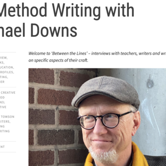 a screen grab from the start of an interview called "On Method Writing with Michael Downs." The page depicts a photo of the author with glasses, cap, and yellow scarf sitting in front of a brick wall.