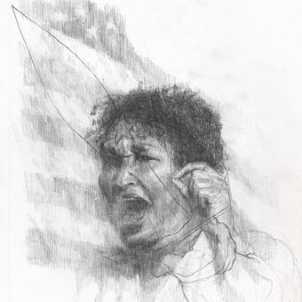 A graphite drawing of Stacey Abrams speaking with hand raised is overlaid with a line drawing of Wonder Woman pointing a sword
