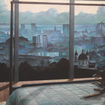 Painting of a dog lying on a bed looking out over a cityscape.